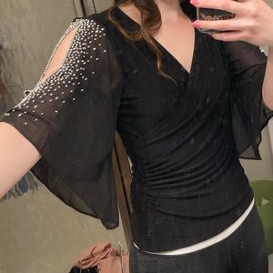 MSK Top | Black Cutout Sheer Sleeve Blouse with Embellishments